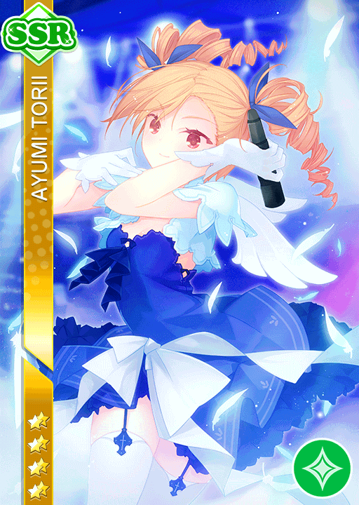1girl angel_wings asymmetrical_bangs blonde_hair blue_dress blue_ribbon breasts dithering dress drill_hair feathers garter_straps gloves hair_ribbon hands_up holding holding_microphone looking_at_viewer love_live! love_live!_school_idol_festival medium_hair microphone red_eyes ribbon ruroo shoulder_pads small_breasts smile solo strapless strapless_dress thighhighs torii_ayumi twintails v-shaped_eyebrows white_gloves white_thighhighs wings