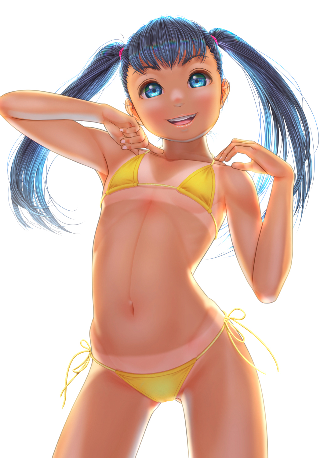 1girl arched_back bikini black_hair blue_eyes clothes_lift collarbone cowboy_shot flat_chest highres lifted_by_self long_hair looking_at_viewer open_mouth original side-tie_bikini_bottom simple_background smile solo standing swimsuit tan tanlines teeth twintails upper_teeth_only uzuki_mei white_background