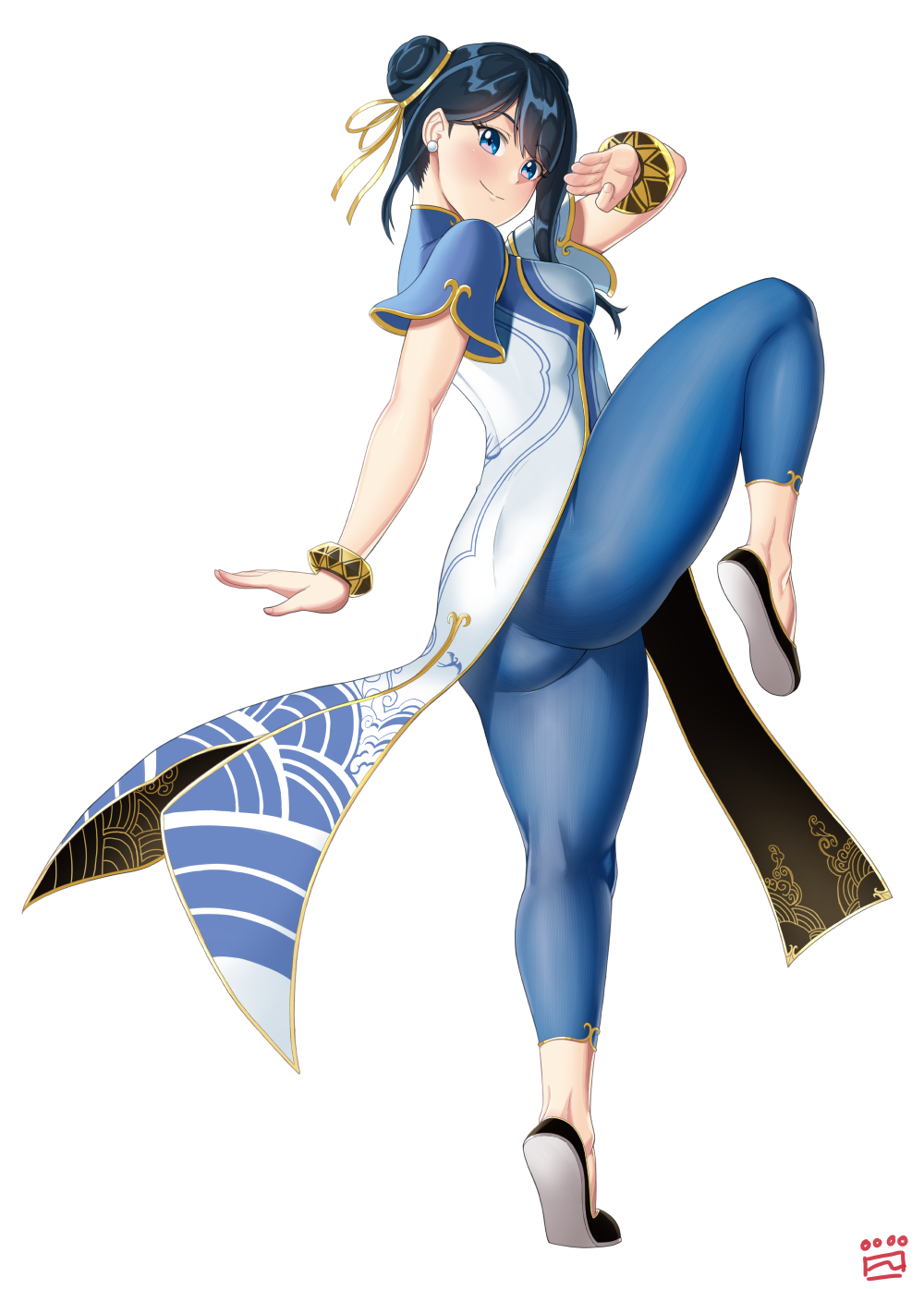 1girl artist_logo ass ball black_hair blue_eyes blue_pants bow bowtie bracelet breasts brown_hair china_dress chinese_clothes chun-li chun-li_(cosplay) closed_mouth cosplay double_bun dress earrings exercise_ball fighting_stance finalcake flats full_body gold_ribbon gold_trim gridman_universe hair_bun hair_ribbon highres jewelry leg_up lips looking_at_viewer medium_breasts pants pelvic_curtain ribbon short_sleeves simple_background skin_tight smile solo ssss.gridman standing standing_on_one_leg street_fighter street_fighter_6 takarada_rikka white_background white_dress