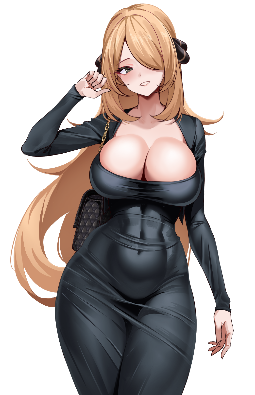1girl black_bag black_eyes blonde_hair breasts cleavage collarbone commentary_request covered_navel cynthia_(pokemon) dongtan_dress dress hair_ornament hair_over_one_eye highres large_breasts long_hair long_sleeves looking_at_viewer meme_attire pokemon pokemon_dppt simple_background solo volyz white_background