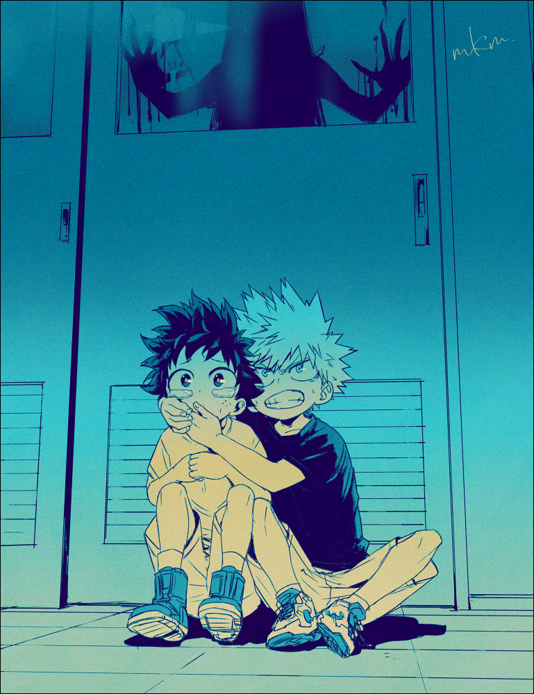 2boys aged_down ankle_boots arm_over_shoulder artist_name bakugou_katsuki boku_no_hero_academia boots bright_pupils child clenched_teeth commentary_request covered_mouth covering_another's_mouth cross-laced_footwear door dorsiflexion dot_nose film_grain fingernails freckles furrowed_brow hand_on_glass hand_over_another's_mouth hands_up horror_(theme) indoors knees_apart_feet_together knees_up limited_palette liquid midoriya_izuku mkm_(mkm_storage) monster multiple_boys own_hands_together partial_commentary raised_eyebrows sanpaku scared scowl shadow shirt shoe_soles shoes short_hair short_sleeves shorts side-by-side silhouette sitting sliding_doors sneakers spiked_hair sweatdrop t-shirt tearing_up tears teeth tile_floor tiles v-shaped_eyebrows