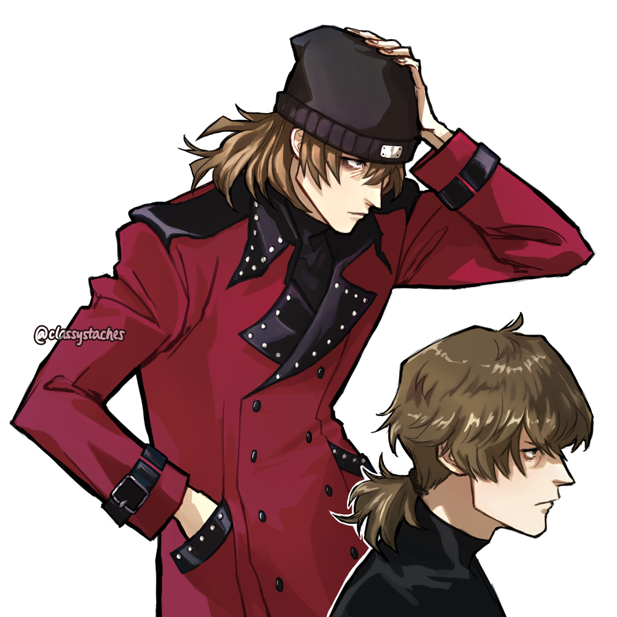 1boy aragaki_shinjirou beanie black_headwear black_sweater brown_hair buttons classystaches closed_mouth coat commentary from_side hand_in_pocket hand_on_headwear hat long_sleeves low_ponytail male_focus medium_hair multiple_views persona persona_3 persona_3_reload profile red_coat sweater turtleneck turtleneck_sweater twitter_username upper_body white_background