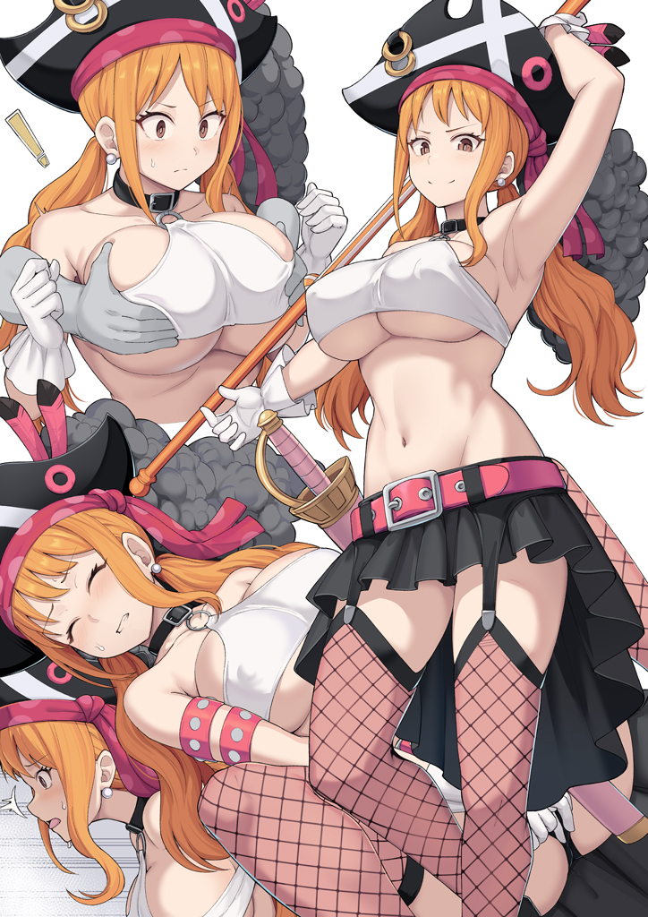 ! 1boy 1girl alternate_costume arm_up armpits black_headwear blush breasts brown_eyes closed_eyes disembodied_limb fishnet_thighhighs fishnets grabbing grabbing_another's_breast grabbing_from_behind hat holding holding_polearm holding_weapon implied_sex large_breasts long_hair looking_at_viewer low_twintails motion_lines multiple_views nami_(one_piece) navel one_piece orange_hair pink_thighhighs pirate_hat polearm shirt shiseki_hirame simple_background smile standing stomach sword thighhighs twintails weapon white_background white_shirt