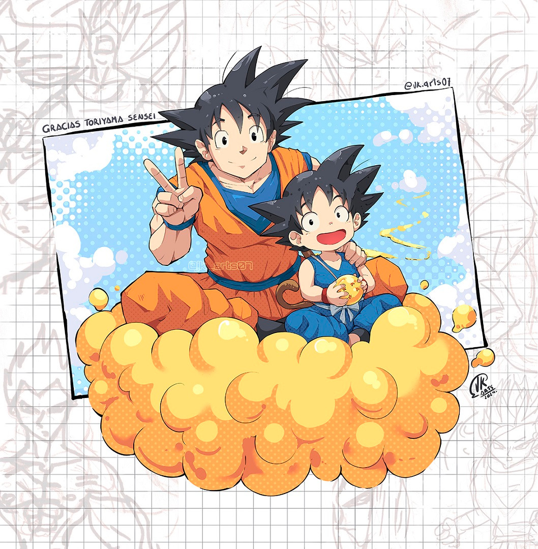 2boys bad_link black_hair brown_eyes dragon_ball dragon_ball_(object) dragon_ball_z flying_nimbus jk_arts male_focus medium_hair multiple_boys open_mouth orange_shirt shirt smile son_goku spiked_hair v