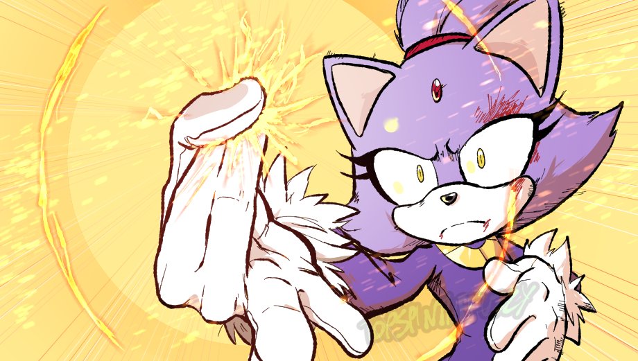 1girl animal_ears blaze_the_cat cat_ears energy forehead_jewel furry furry_female gloves jacket looking_at_viewer purple_fur purple_jacket solo sonic_(series) topspin_the_fuzzy upper_body white_gloves yellow_background yellow_eyes