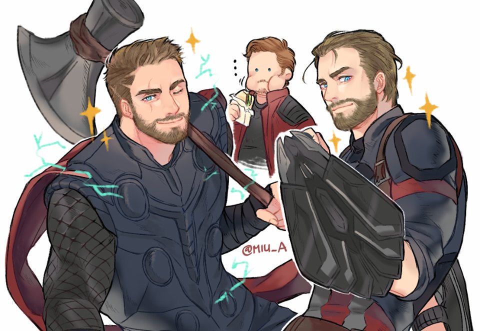 3boys akira_yoru animification armor avengers:_infinity_war avengers_(series) beard belt black_armor black_shirt blue_bodysuit blue_eyes bodysuit brown_belt brown_hair cape captain_america closed_mouth eating english_commentary facial_hair fingernails food hand_up holding holding_food holding_shield holding_weapon jacket lightning long_sleeves looking_at_another looking_at_viewer male_focus marvel marvel_cinematic_universe multiple_boys one_eye_closed open_clothes open_jacket peter_quill red_cape red_jacket sandwich scar scar_across_eye shield shirt short_hair simple_background smile sparkle standing steve_rogers stormbreaker striped_bodysuit superhero_costume t-shirt thor_(marvel) twitter_username weapon white_background