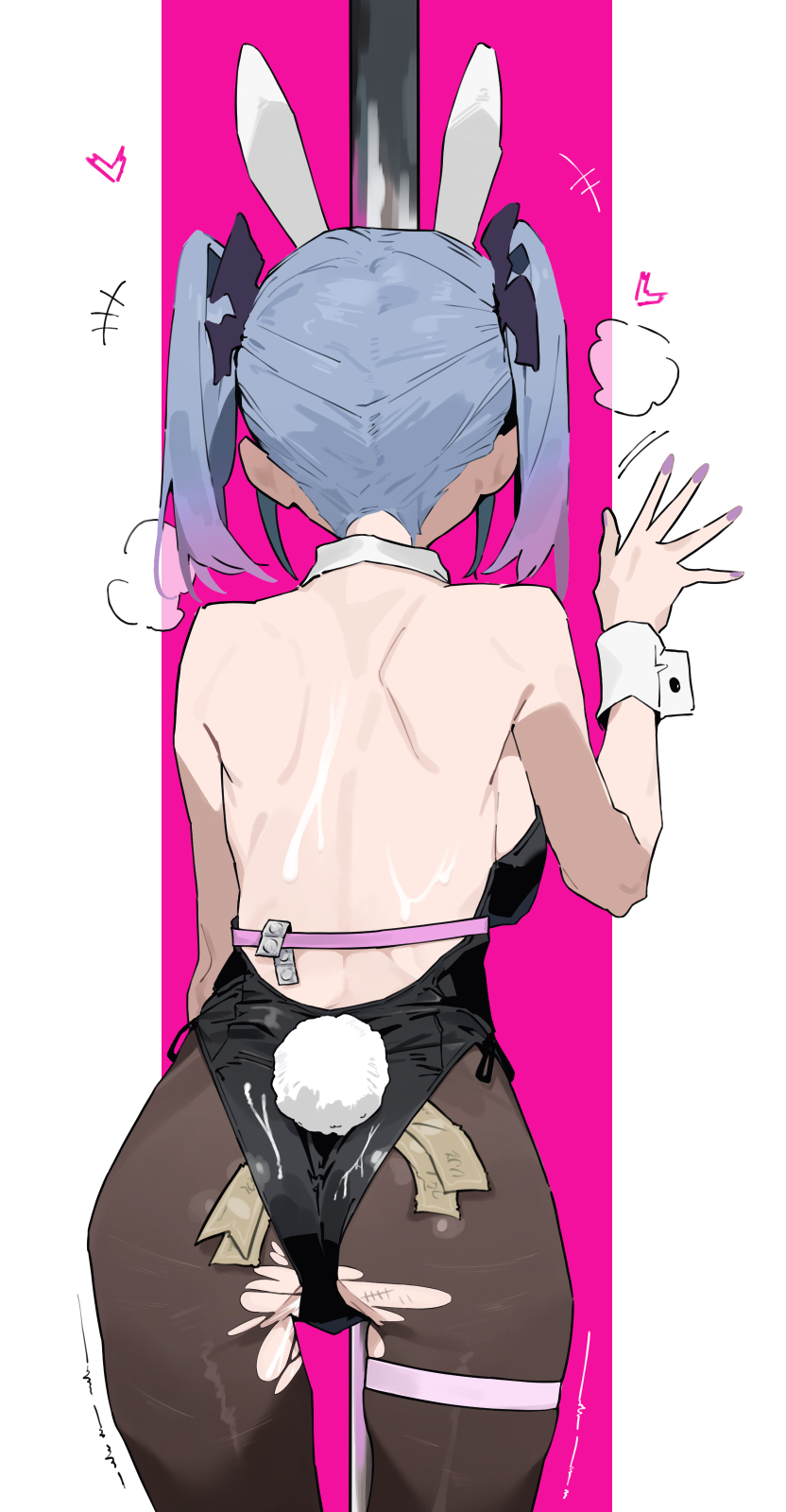 1girl animal_ears ass back backboob banknote bare_shoulders black_pantyhose blue_hair breasts cum_on_back detached_collar hatsune_miku heart highres kooka_kenji money pantyhose playboy_bunny pole purple_nails rabbit_ears rabbit_hole_(vocaloid) rabbit_tail short_hair solo tail thigh_strap torn_clothes torn_pantyhose trembling tucked_money twintails vocaloid wrist_cuffs