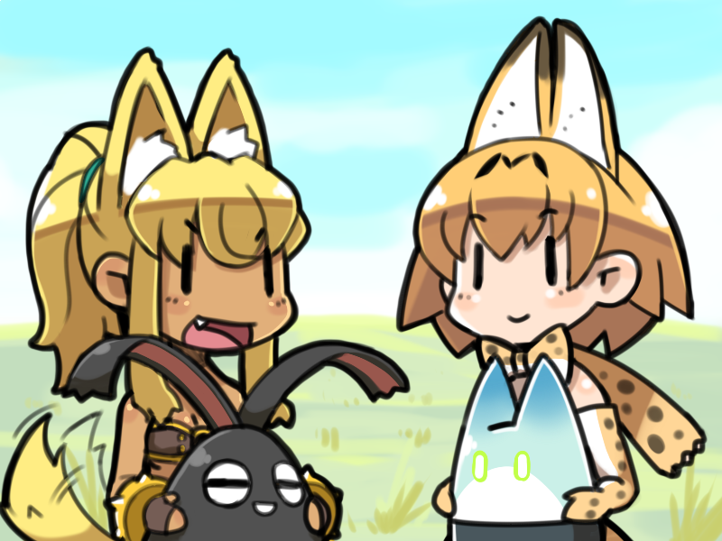 2girls animal animal_ears animal_print bandeau bare_shoulders blonde_hair blue_sky blush bow bowtie bracelet breasts brown_bandeau cat_ears cleavage closed_mouth creature crossover dark-skinned_female dark_skin elbow_gloves fang field fingerless_gloves gloves grass holding holding_animal holding_creature jewelry kemono_friends liru long_hair looking_at_another lucky_beast_(kemono_friends) moyasiwhite multiple_girls open_mouth orange_hair outdoors ponytail rabbit renkin_san-kyuu_magical_pokaan serval_(kemono_friends) short_hair sidelocks sky smile spiked_bracelet spikes tail tail_raised tail_wagging trait_connection v-shaped_eyebrows wolf_ears wolf_tail |_|
