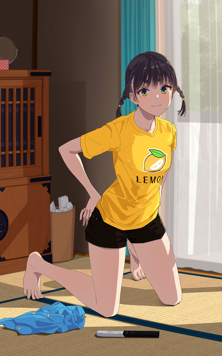 1girl bare_legs barefoot black_shorts blue_eyes blue_shirt blush braid breasts brown_hair closed_mouth collarbone commentary_request controller curtains feet full_body highres hiwatari_rin indoors kneeling legs looking_at_viewer on_ground original remote_control shadow shirt shoes short_eyebrows short_shorts short_twintails shorts small_breasts solo t-shirt tatami thick_eyebrows thighs toenails toes trash_can twin_braids twintails two-tone_eyes unworn_shoes yellow_eyes yellow_shirt