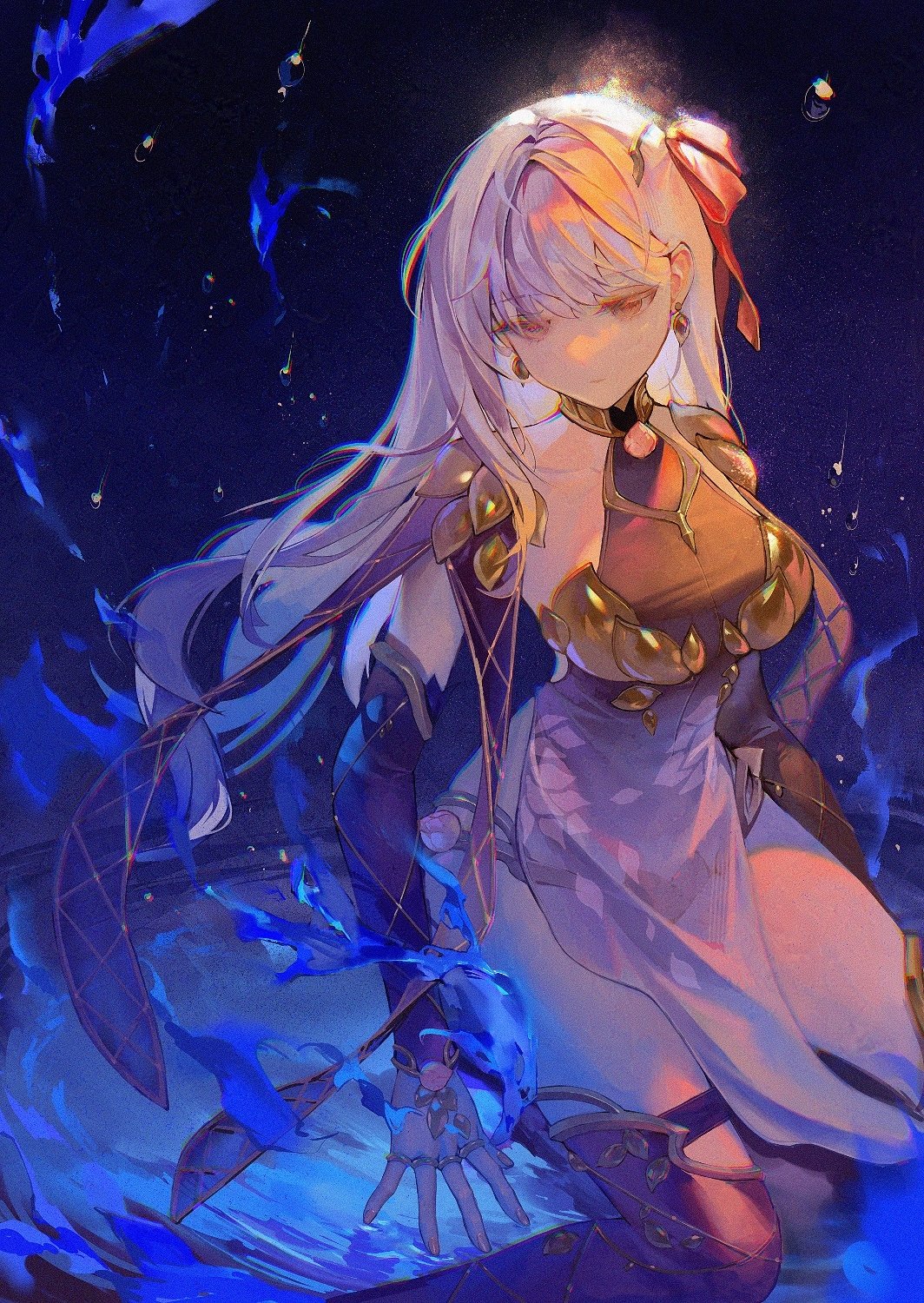 1girl armlet armor bikini_armor blue_fire body_markings breasts collar daeraeband dress earrings fate/grand_order fate_(series) fire flower hair_ribbon highres jewelry kama_(fate) large_breasts long_hair lotus lotus_print metal_collar purple_dress purple_sleeves purple_thighhighs red_eyes ribbon sitting solo thighhighs thighlet thighs white_hair