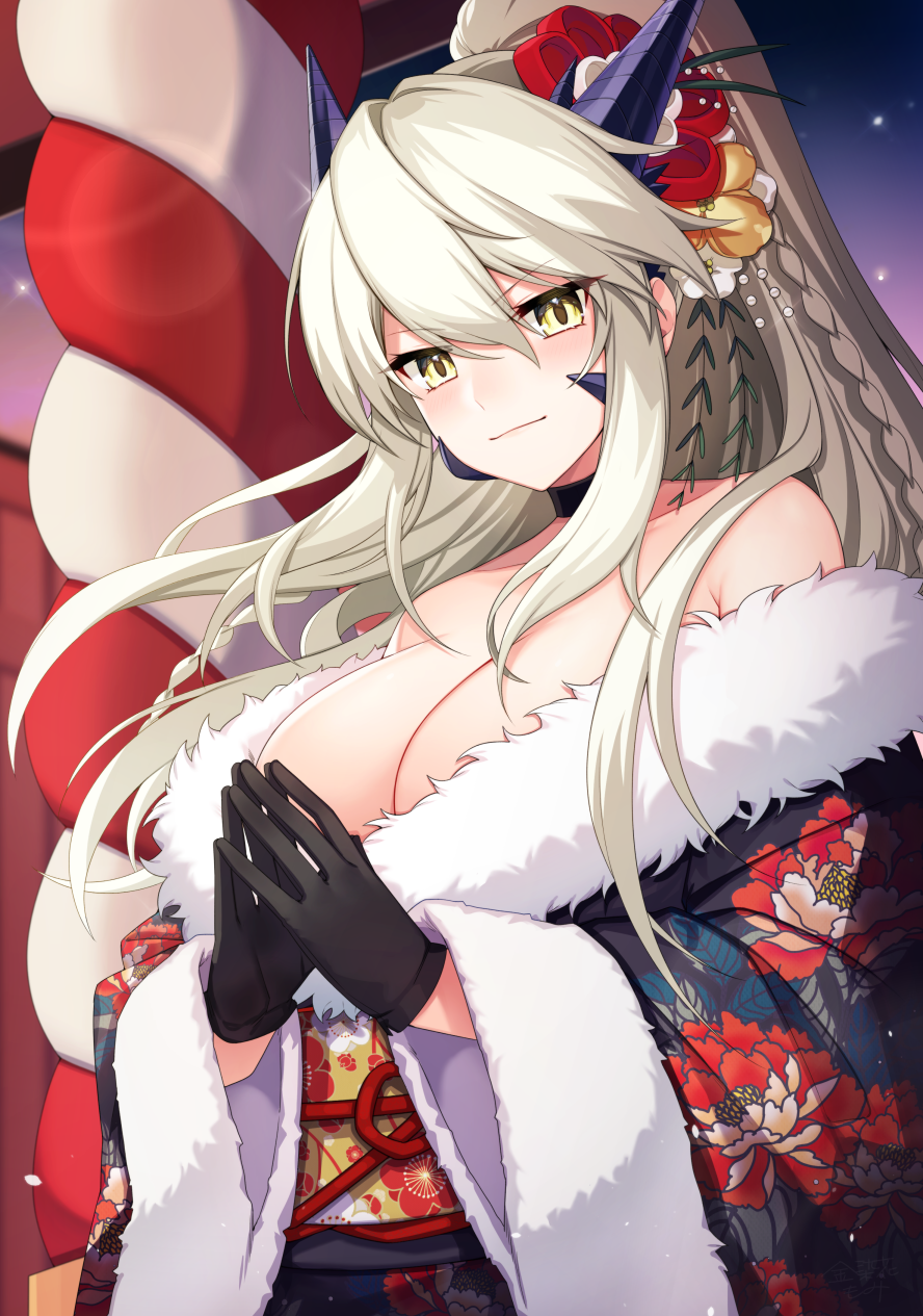 1girl artoria_pendragon_(fate) artoria_pendragon_(lancer_alter)_(fate) bare_shoulders breasts choker commentary_request eyebrows_visible_through_hair fate/grand_order fate_(series) floral_print flower fur_trim gloves grey_hair hair_between_eyes hair_flower hair_ornament highres japanese_clothes kimono kinsenka_momi large_breasts looking_at_viewer ponytail solo yellow_eyes