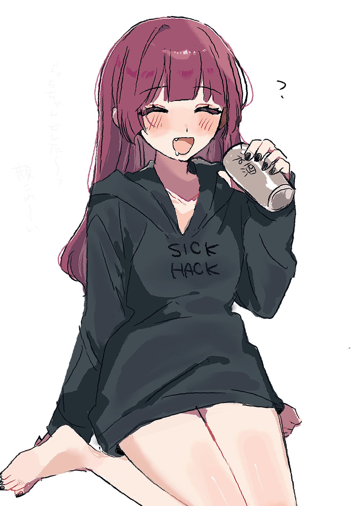 1girl ? barefoot black_hoodie black_nails blush bocchi_the_rock! closed_eyes cup enu_(brandnewday02) fang hair_down hand_up highres hiroi_kikuri holding holding_cup hood hoodie long_sleeves open_mouth purple_hair saliva sidelocks simple_background sitting solo toes wariza white_background