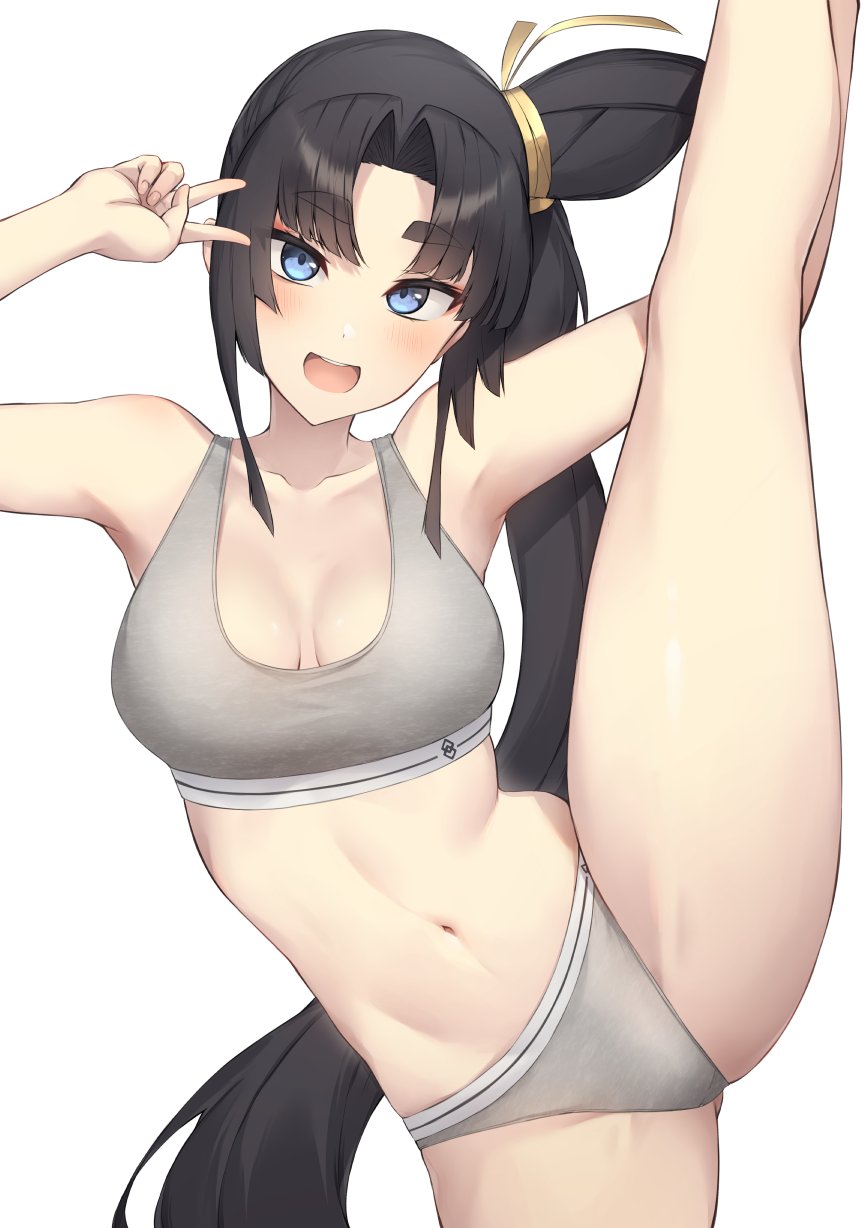 1girl :d alternate_costume black_hair blue_eyes blush breasts commentary_request fate/grand_order fate_(series) highres long_hair looking_at_viewer medium_breasts navel parted_bangs pinta_(ayashii_bochi) shiny_skin side_ponytail smile solo sports_bra sports_panties standing standing_on_one_leg teeth thighs upper_teeth_only ushiwakamaru_(fate) v very_long_hair white_background white_sports_bra