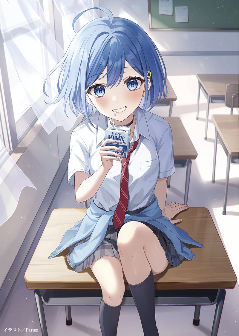 1girl :d ahoge black_choker black_skirt black_socks blue_eyes blue_hair blue_sweater blush breasts chair chalkboard choker classroom clothes_around_waist commentary_request danjo_no_yuujou_wa_seiritsu_suru? day desk diagonal-striped_clothes diagonal-striped_necktie flower hair_flower hair_ornament hand_rest inuzuka_himari juice_box knee_up looking_at_viewer miniskirt necktie novel_illustration official_art on_desk open_mouth parum39 pleated_skirt red_necktie school_chair school_desk see-through_curtains shirt short_hair skirt smile socks solo striped_clothes sunflower sunflower_hair_ornament sweater sweater_around_waist teeth white_shirt white_stripes window yellow_stripes