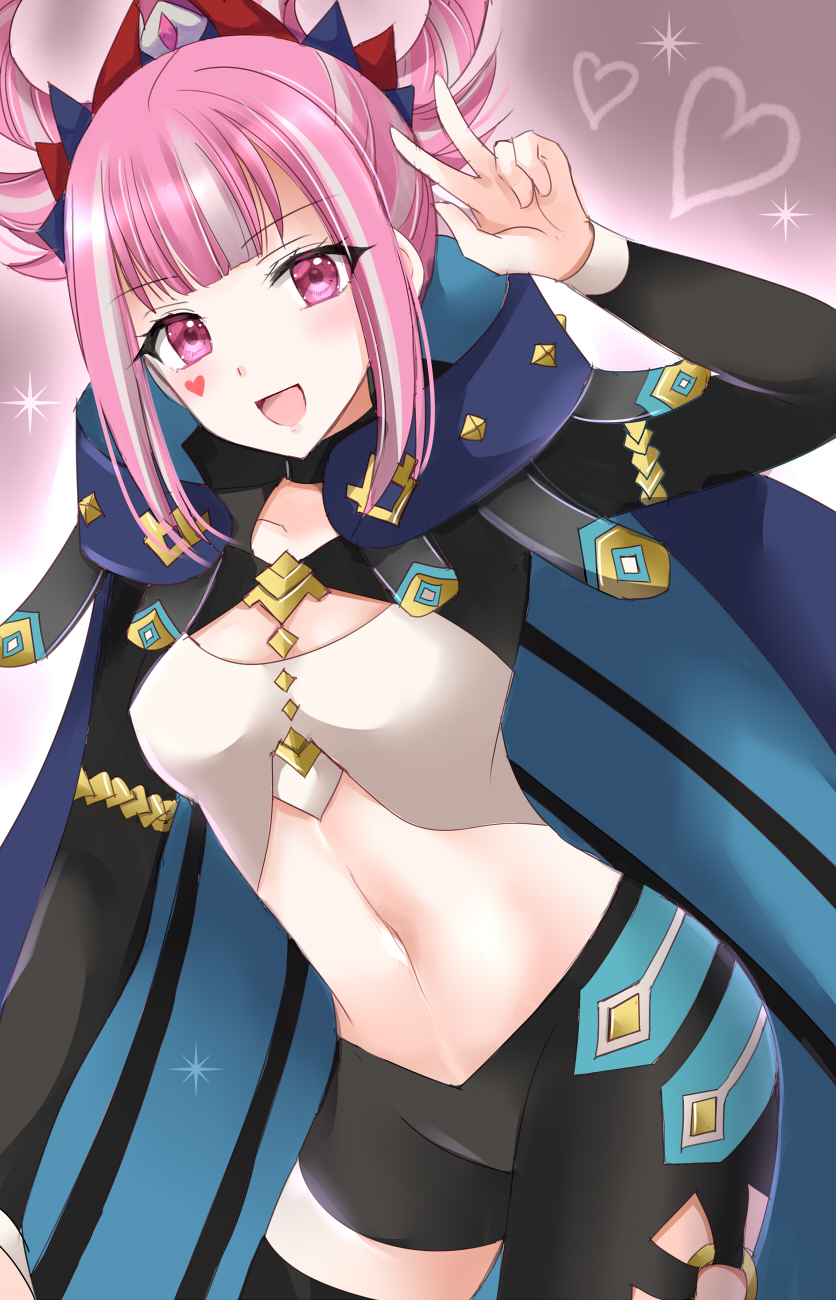 1girl :d arm_up asymmetrical_pants black_pants black_thighhighs blue_cape blunt_bangs blush breasts cape commentary_request cowboy_shot crop_top facial_mark fire_emblem fire_emblem_engage grey_background grey_hair hair_rings heart highres hortensia_(fire_emblem) kirishima_riona leggings long_sleeves looking_at_viewer midriff multicolored_hair navel open_mouth pants pink_eyes pink_hair sage_outfit_(fire_emblem_engage) short_hair single_thighhigh small_breasts smile solo standing stomach streaked_hair thighhighs thighs v