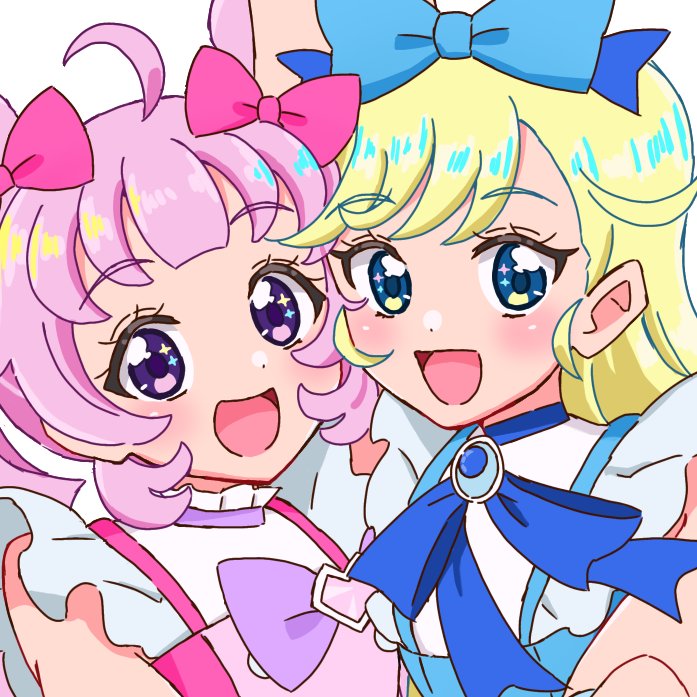 2girls :d ahoge aozora_himari blonde_hair blue_bow blue_eyes blue_ribbon blunt_bangs bow commentary_request crescent hair_bow heart himitsu_no_aipri hoshikawa_mitsuki idol_clothes long_hair looking_at_viewer multiple_girls neck_ribbon open_mouth pink_bow pink_hair pretty_series purple_eyes ribbon shiono_(shio_caramel_no) simple_background smile twintails upper_body white_background