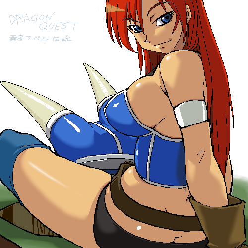 1girl armlet armor ass bare_shoulders belt blue_armor breasts brown_gloves brown_hair closed_mouth daisy_(dq) dragon_quest dragon_quest_yuusha_abel_densetsu fake_horns gloves helmet horned_helmet horns long_hair looking_at_viewer lowres smile solo sorashu thighhighs