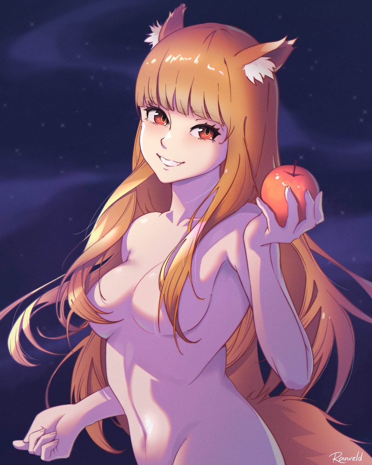 1girl animal_ear_fluff animal_ears apple artist_name breasts brown_hair collarbone completely_nude convenient_censoring english_commentary food fruit grin groin hair_censor hair_over_breasts highres holding holding_food holding_fruit holo long_hair looking_at_viewer medium_breasts navel night nude ranveld red_eyes signature sky smile solo spice_and_wolf star_(sky) tail upper_body very_long_hair wolf_ears wolf_girl wolf_tail