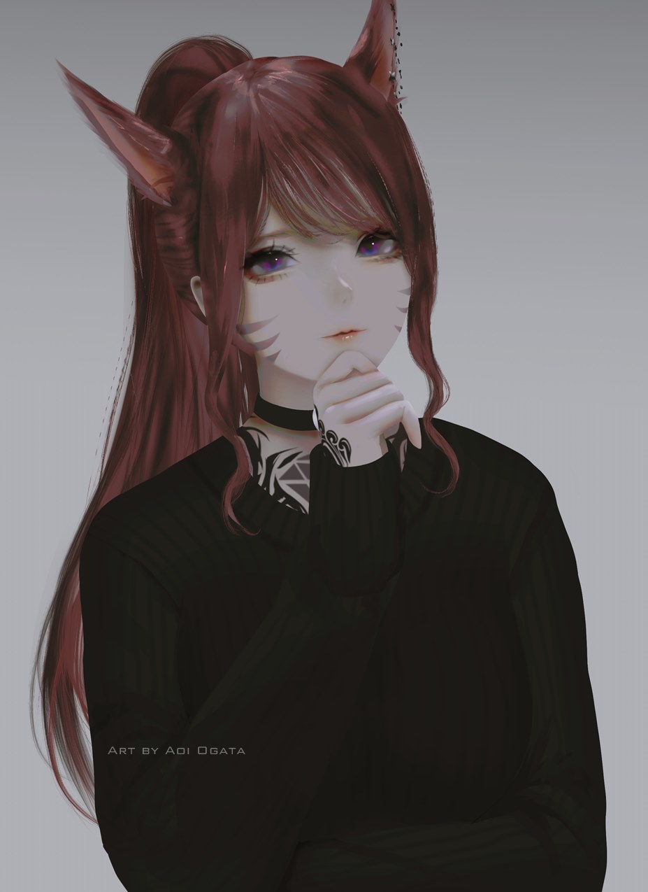 1girl animal_ears aoi_ogata artist_name black_choker black_sweater brown_hair cat_ears choker clip_studio_paint_(medium) closed_mouth commentary commission english_commentary facial_mark final_fantasy final_fantasy_xiv grey_background hand_tattoo hand_up highres long_hair long_sleeves looking_at_viewer ponytail purple_eyes red_lips ribbed_sweater simple_background sleeves_past_wrists solo sweater tattoo upper_body whisker_markings