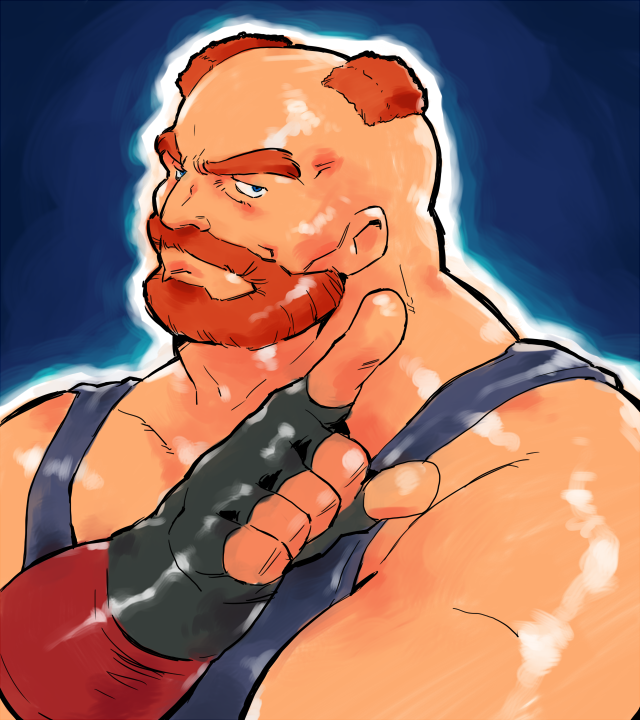 1boy bald_spot bara beard big_bear brown_hair cheekbones connected_beard facial_hair fatal_fury gloves huge_eyebrows kira_nerisu light_frown looking_at_viewer male_focus mature_male muscular muscular_male pectorals pointing pointing_at_viewer solo thick_beard thick_mustache tsurime upper_body white_gloves wrestler