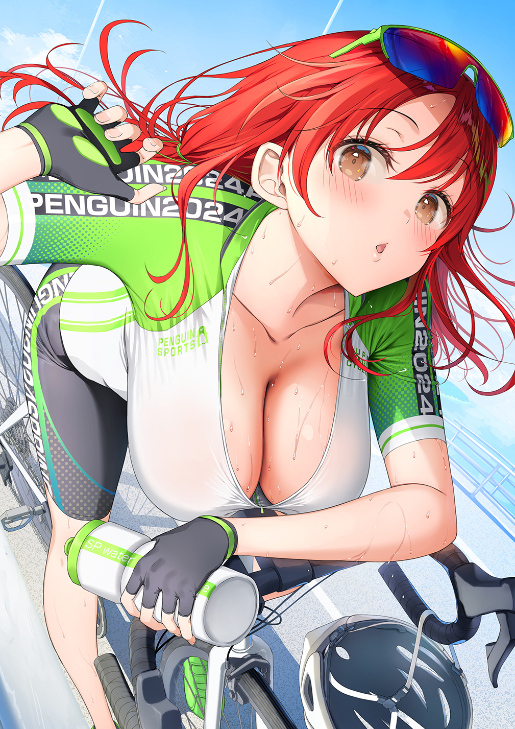 1girl :o asahina_hikage bicycle bike_jersey bike_shorts blush bottle breasts cleavage collarbone eyewear_on_head fingerless_gloves gloves highres holding holding_bottle large_breasts looking_at_viewer original red_eyes road_bicycle rubber_band solo sports_sunglasses sunglasses sweat tinted_eyewear two-tone_gloves