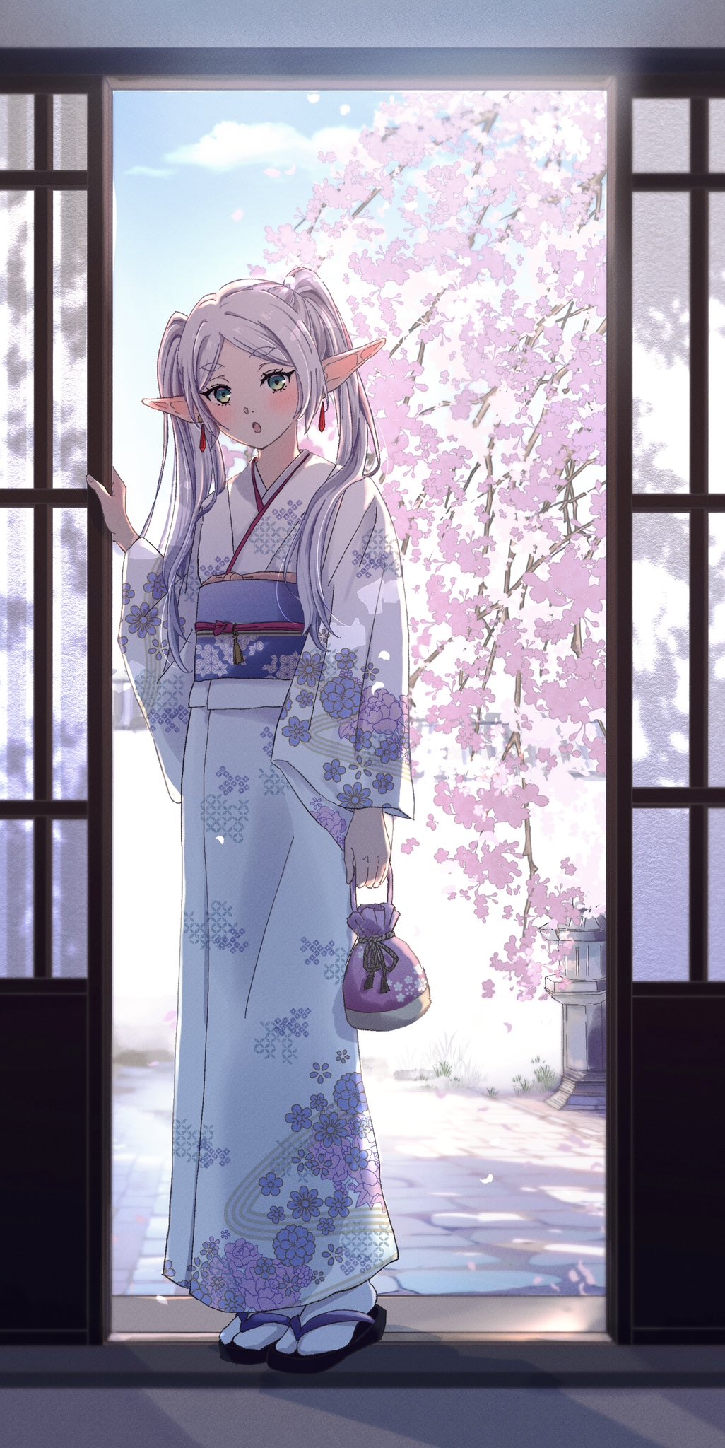 1girl :o architecture bag blue_sky blush cherry_blossoms cloud commentary east_asian_architecture elf english_commentary eyelashes floral_print frieren full_body green_eyes highres hikimayu holding holding_bag japanese_clothes kimono long_hair long_sleeves looking_at_viewer obi obijime omichi_1219 open_mouth opening_door parted_bangs pink_bag pointy_ears purple_sash sandals sash short_eyebrows shouji sky sliding_doors socks solo sousou_no_frieren standing stone_floor stone_lantern tabi teardrop_earrings thick_eyebrows twintails white_hair white_kimono white_socks zouri