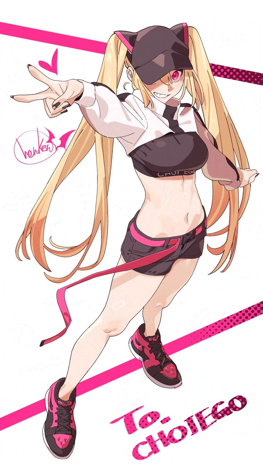 1girl black_nails blonde_hair breasts commentary_request full_body hat heart henken highres jacket long_hair long_sleeves medium_breasts navel one_eye_covered original pink_eyes shoes shorts sienna_(henken) smile sneakers solo standing twintails v