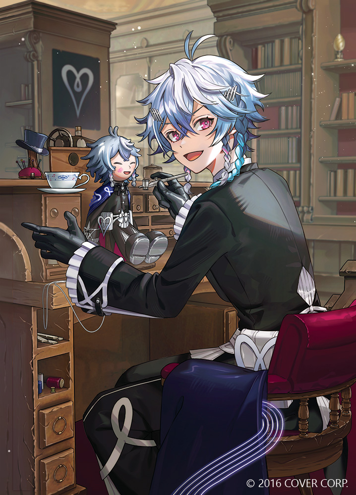 1boy bishounen black_gloves blue_hair bookshelf character_doll copyright_notice cup frilled_sleeves frills from_side gloves grey_hair hair_between_eyes holostars holostars_english indoors light_particles long_sleeves looking_at_viewer male_focus mixed-language_commentary multicolored_hair octavio official_art on_chair open_mouth pink_eyes puppet sitting smile solo teacup tri_braids virtual_youtuber yunnies
