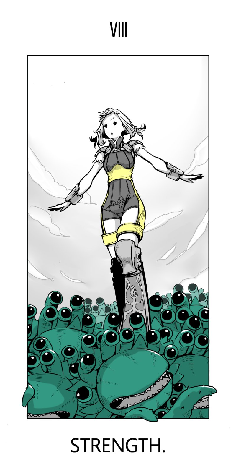 1girl bodysuit braid breasts cloud commentary final_fantasy final_fantasy_xii full_body highres long_hair mochi_(hanamaruudondesu) monochrome monster open_mouth penelo tarot tarot_(medium) thighhighs twin_braids twintails