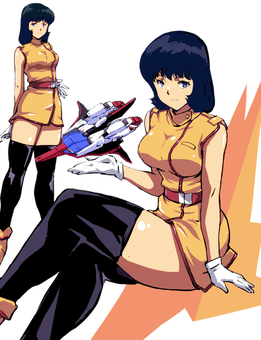 1girl advance_of_zeta aircraft airplane belt black_hair black_thighhighs blue_eyes breasts commentary_request crossed_legs dress fa_yuiry gloves gundam kamisimo_90 looking_at_viewer mecha medium_breasts medium_hair multiple_girls multiple_views robot simple_background sitting sleeveless smile thighhighs thighs uniform white_gloves yellow_dress zeta_gundam zeta_gundam_(mobile_suit)