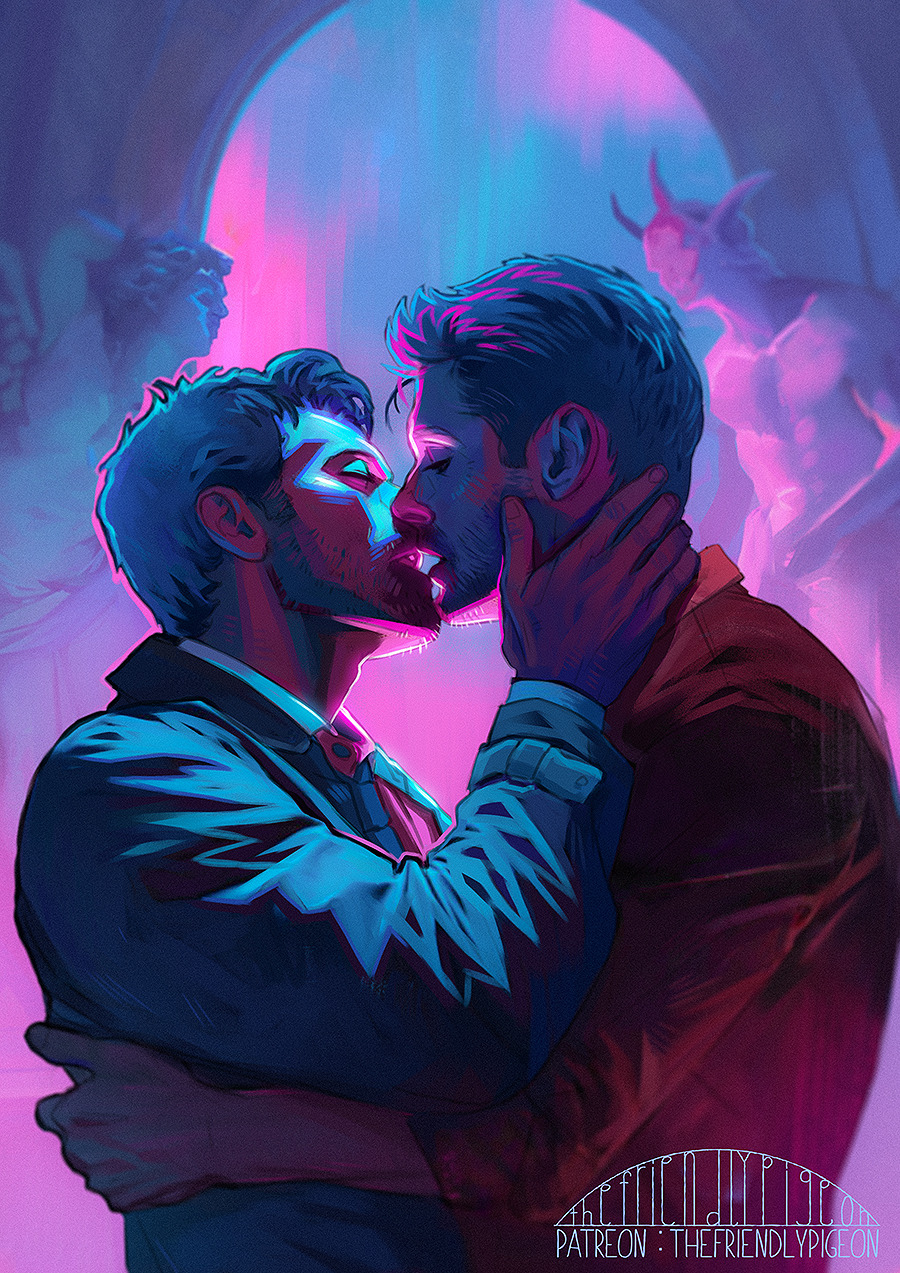 2boys angel beard castiel closed_eyes coat couple cowboy_shot dean_winchester face-to-face facial_hair full_beard hand_on_another's_head highres imminent_kiss male_focus mature_male multiple_boys short_hair stubble supernatural_(tv_series) thefriendlypigeon trench_coat yaoi