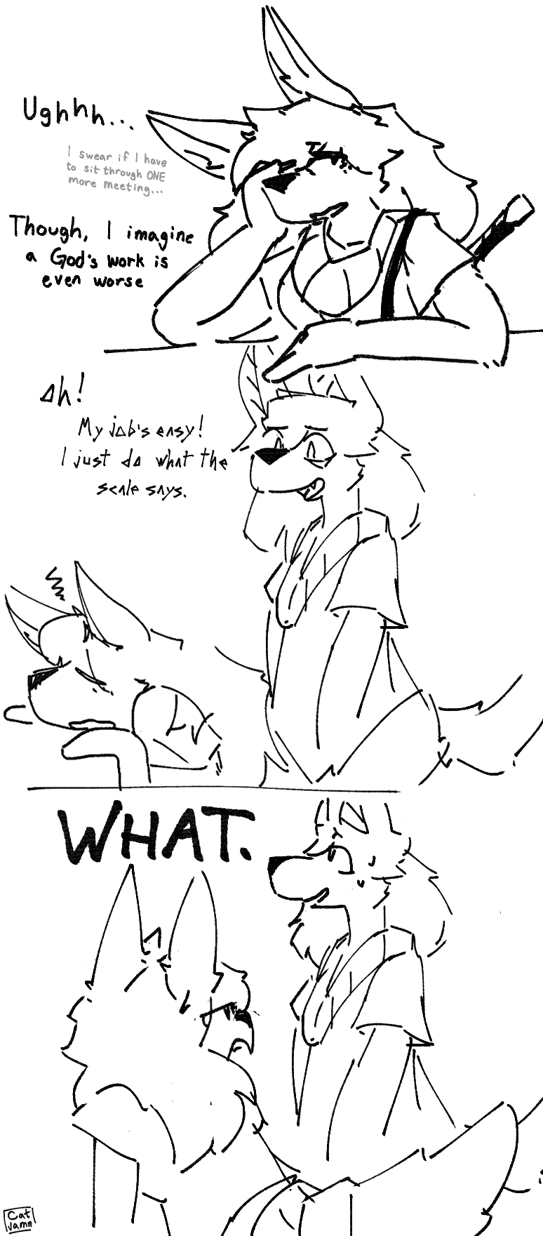 anthro anubian_jackal anubis anubis_(catjam) canid canine canis catjam_(artist) comic deity dialogue duo egyptian_mythology female hi_res jackal mammal middle_eastern_mythology mythology samsara_(catjam) shocked tired tired_eyes