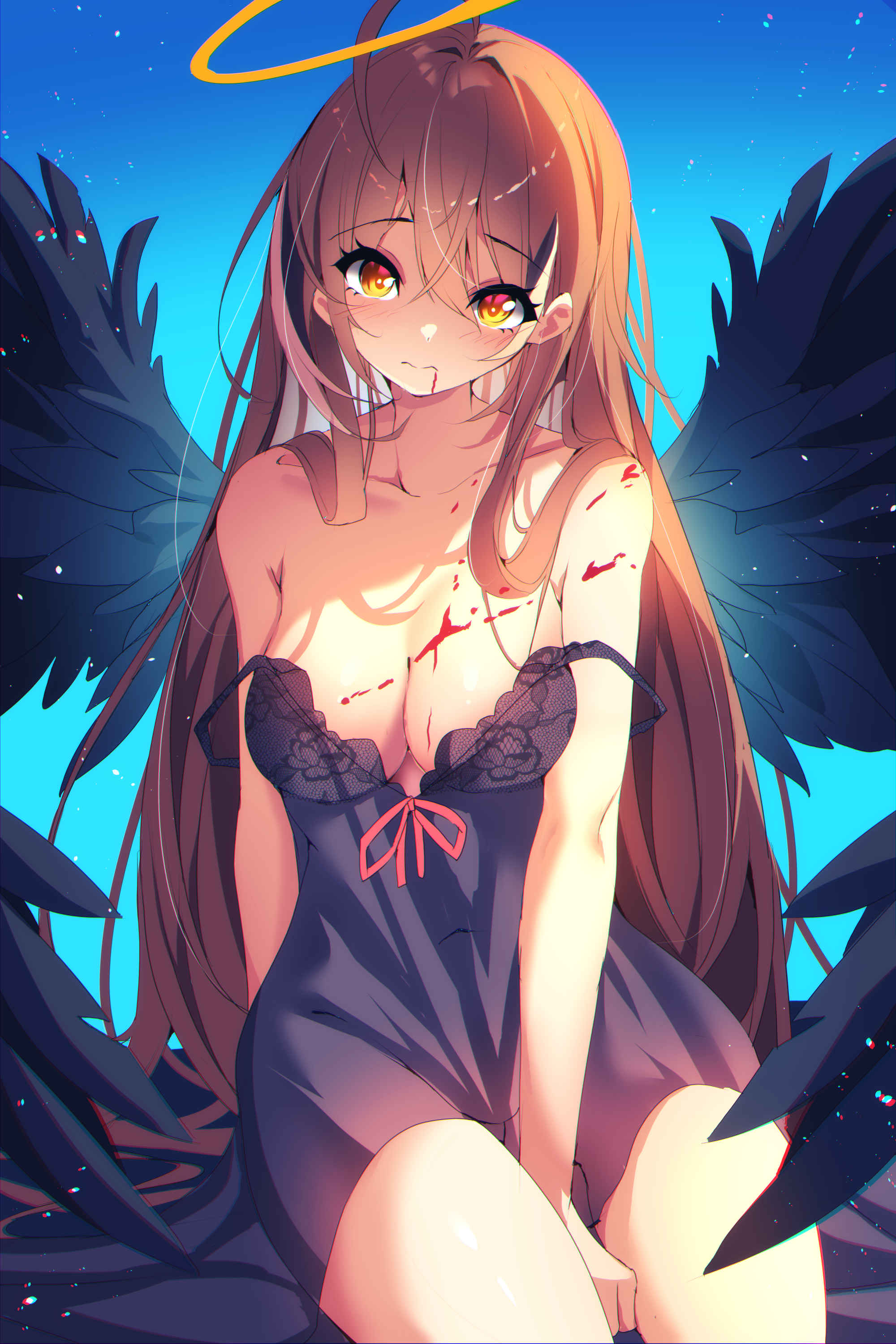 1girl absurdres alternate_costume ambiguous_red_liquid between_legs black_nightgown black_wings blood blood_on_breasts blood_on_face blue_background breasts brown_eyes brown_hair chromatic_aberration cleavage glowing halo hand_between_legs highres hololive hololive_english lace-trimmed_nightgown light_particles long_hair looking_at_viewer nanashi_mumei nightgown sitting the0neulost very_long_hair virtual_youtuber wings