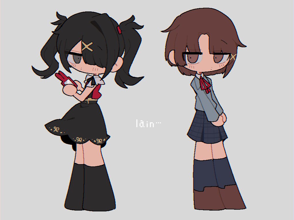 2girls ame-chan_(needy_girl_overdose) asymmetrical_hair black_eyes black_hair black_ribbon black_skirt brown_eyes brown_footwear brown_hair cellphone closed_mouth collared_shirt crossover expressionless full_body grey_background grey_jacket grey_skirt hair_ornament hair_over_one_eye holding holding_phone iwakura_lain jacket long_hair long_sleeves looking_at_viewer multiple_girls neck_ribbon needy_girl_overdose own_hands_together phone pleated_skirt red_ribbon red_shirt ribbon school_uniform serial_experiments_lain shiba_inu_(j1piwzrj8xdzywk) shirt shoes short_hair simple_background single_sidelock skirt smartphone standing suspender_skirt suspenders twintails x_hair_ornament