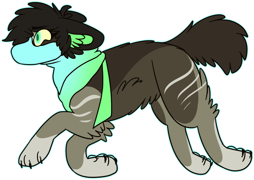 2017 alpha_channel ambiguous_gender black_claws black_hair blue_outline blue_pawpads brown_body brown_fur canid canine canis claws digital_drawing_(artwork) digital_media_(artwork) digitigrade domestic_dog eyebrows feral feral_with_hair flat_colors full-length_portrait fur green_eyes green_inner_ear green_inner_ear_fluff hair inner_ear_fluff jaspering mammal mask outline pawpads paws portrait scarf simple_background solo tail transparent_background tuft