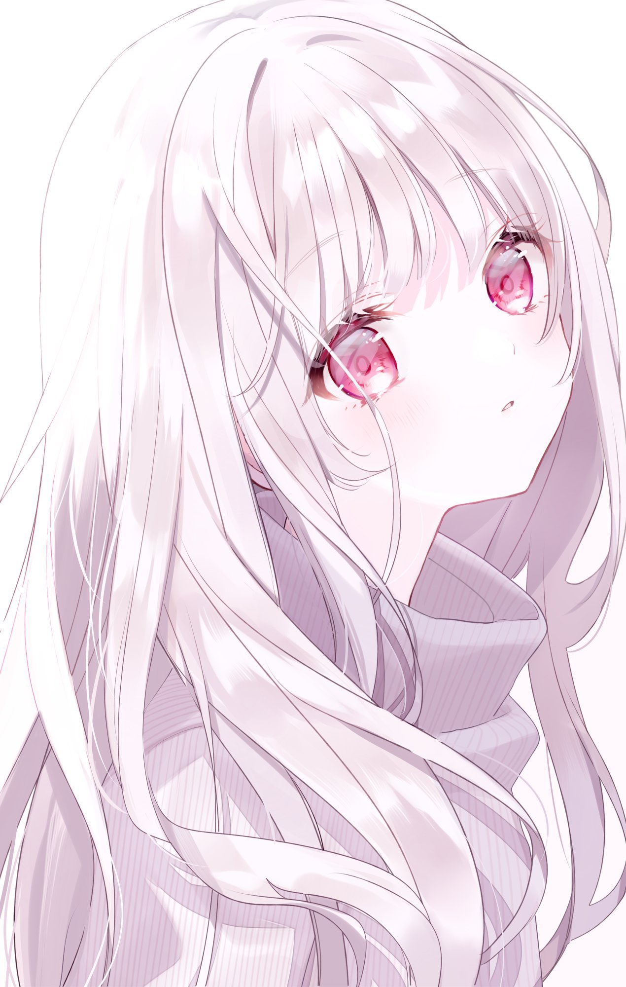 1girl albino blush closed_mouth highres long_hair looking_at_viewer misumi_(macaroni) original pale_skin red_eyes revision ribbed_sweater simple_background solo sweater turtleneck turtleneck_sweater upper_body white_background white_hair white_sweater