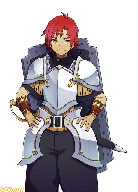 1boy armor black_pants circlet hands_on_own_hips milio_patanetta official_art pants pauldrons red_hair shoulder_armor solo syakap third-party_edit third-party_source third-party_watermark toushin_toshi toushin_toshi_girls_gift toushin_toshi_ii white_armor yellow_eyes