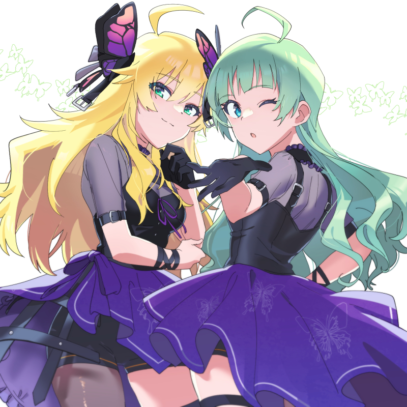 2girls ahoge animal_print black_gloves black_shirt black_shorts blonde_hair blowing_kiss blue_eyes blunt_bangs bow breasts bug butterfly butterfly_hair_ornament butterfly_print cleavage closed_mouth cowboy_shot from_behind from_side gloves green_eyes green_hair hair_ornament hand_up hoshii_miki idolmaster idolmaster_(classic) idolmaster_million_live! idolmaster_million_live!_theater_days large_breasts long_hair looking_at_viewer looking_back medium_breasts multiple_girls neck_ribbon one_eye_closed open_mouth print_skirt purple_bow purple_ribbon purple_skirt reaching reaching_towards_viewer ribbon see-through see-through_cleavage see-through_sleeves shimabara_elena shirop_imas shirt shorts shorts_under_skirt single_glove skirt smile standing thigh_strap white_background