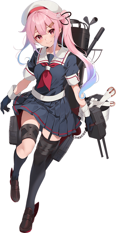 1girl beret blue_hair gloves gradient_hair hair_flaps hair_ornament hair_ribbon harusame_(kancolle) harusame_kai_ni_(kancolle) hat kantai_collection kujou_ichiso long_hair looking_at_viewer multicolored_hair neckerchief official_art pink_eyes pink_hair red_eyes red_neckerchief ribbon sailor_collar school_uniform serafuku side_ponytail skirt smile solo transparent_background white_hat