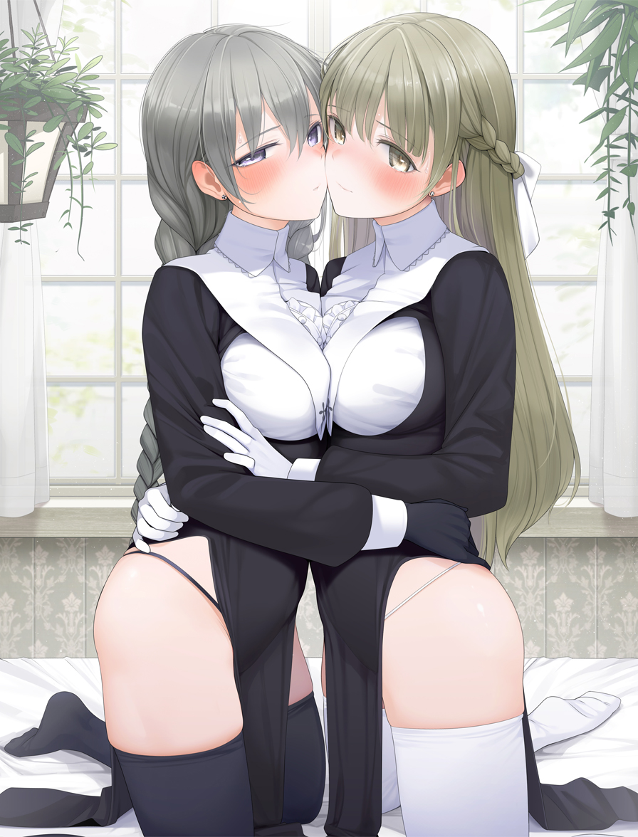 2girls black_dress black_gloves black_panties black_thighhighs blue_eyes blush bow braid breast_press breasts brown_eyes brown_hair center_frills cheek-to-cheek closed_mouth commentary curtains dress embarrassed fed_(giba) frills from_side gloves grey_hair habit hair_between_eyes heads_together indoors kneeling long_hair long_sleeves looking_at_viewer looking_to_the_side medium_breasts multiple_girls no_shoes nose_blush nun on_bed original panties pelvic_curtain single_braid string_panties symmetrical_docking thighhighs thighs underwear very_long_hair white_bow white_gloves white_panties white_thighhighs window