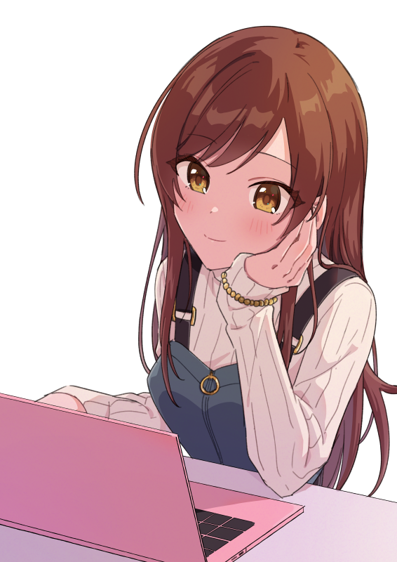 1girl auagpic bead_bracelet beads bracelet brown_eyes brown_hair closed_mouth computer head_rest idolmaster idolmaster_shiny_colors jewelry laptop long_hair long_sleeves osaki_amana ribbed_sweater simple_background smile solo suspenders sweater swept_bangs turtleneck turtleneck_sweater upper_body white_background white_sweater
