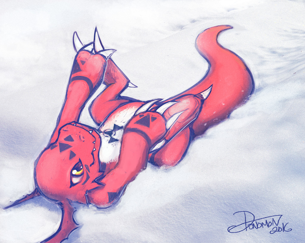 2016 ambiguous_gender bandai_namco black_markings chest_markings clawed_feet clawed_fingers claws countershading digimon digimon_(species) digital_hazard donomon facial_markings fangs guilmon head_markings inverted_zero_unit lying markings nude on_back red_body red_skin snow solo spread_legs spreading symbol white_body white_countershading yellow_eyes zero_unit