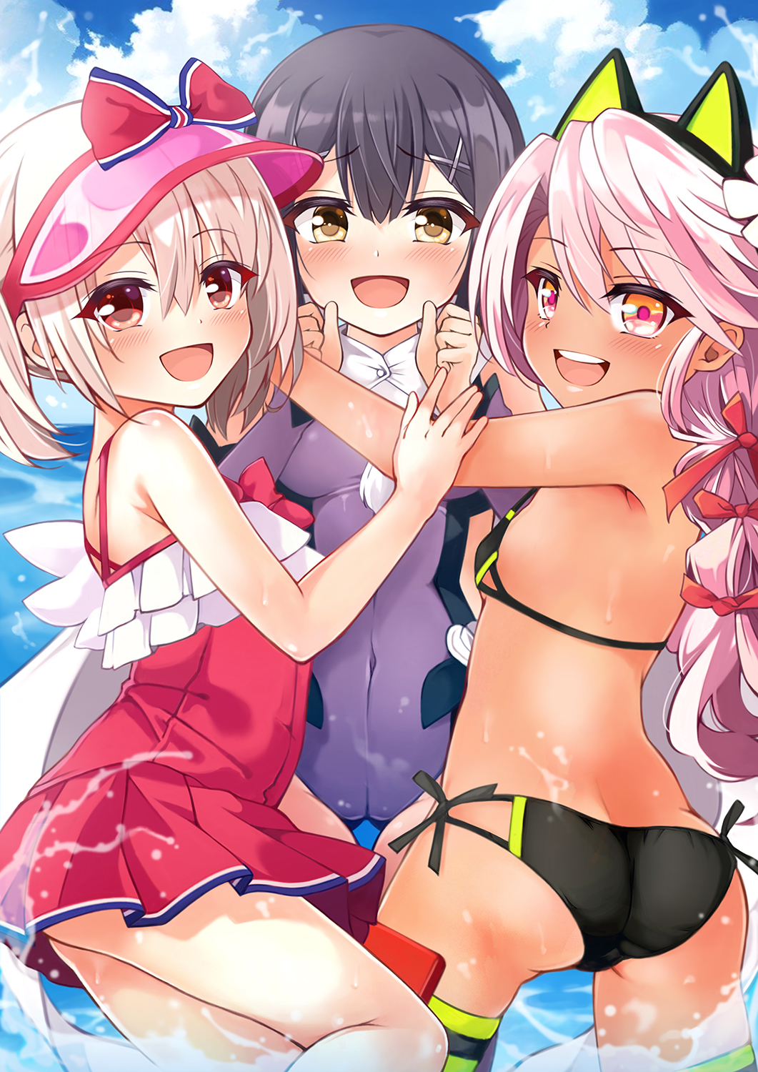 3girls black_hair blush breasts brown_eyes chloe_von_einzbern chloe_von_einzbern_(swimsuit_avenger) chloe_von_einzbern_(swimsuit_avenger)_(second_ascension) collarbone dark-skinned_female dark_skin fate/grand_order fate/kaleid_liner_prisma_illya fate_(series) hair_ornament hairclip highres illyasviel_von_einzbern illyasviel_von_einzbern_(swimsuit_archer) illyasviel_von_einzbern_(swimsuit_archer)_(second_ascension) long_hair miyu_edelfelt mochi_(k620803n) multiple_girls orange_eyes pink_hair red_eyes sidelocks small_breasts smile white_hair