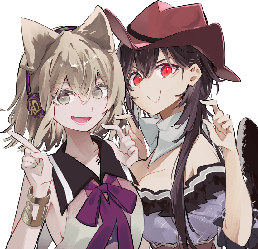 2girls ascot bandana bare_shoulders black_hair black_wings blonde_hair breasts brown_hat cowboy_hat feathered_wings hat headphones kurokoma_saki looking_at_viewer multiple_girls purple_ascot red_eyes sailor_collar simple_background smile syuri22 touhou toyosatomimi_no_miko upper_body white_background white_bandana wings