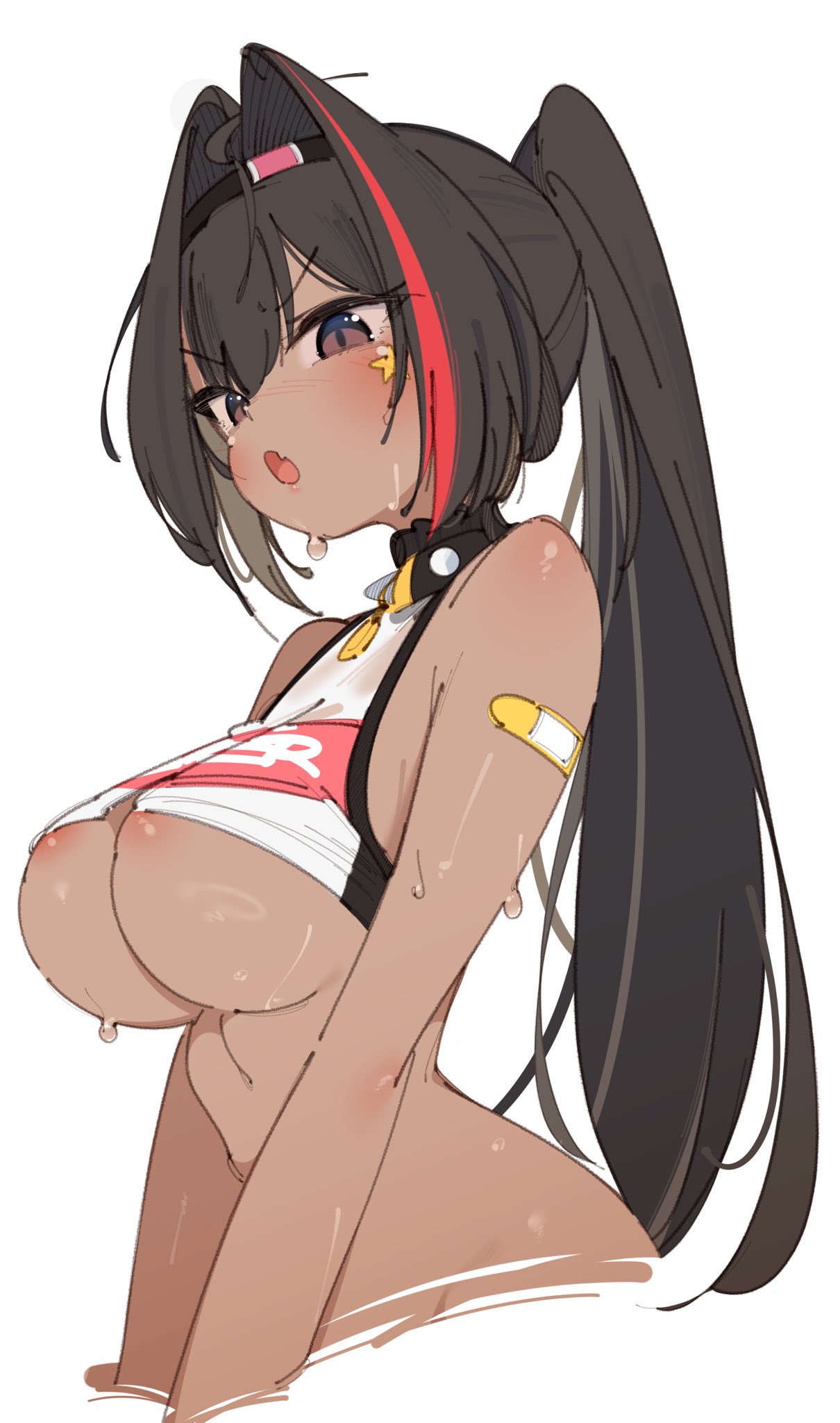 1girl ahoge areola_slip bandaid bandaid_on_arm bay_(nikke) black_hair black_hairband blush breasts brown_eyes commentary cowboy_shot crop_top cropped_torso fang from_side goddess_of_victory:_nikke hair_intakes hairband highres large_breasts long_hair multicolored_hair open_mouth ponytail rasusurasu red_hair scowl simple_background skin_fang sleeveless solo star_sticker sticker_on_face streaked_hair sweat two-tone_hair v-shaped_eyebrows white_background