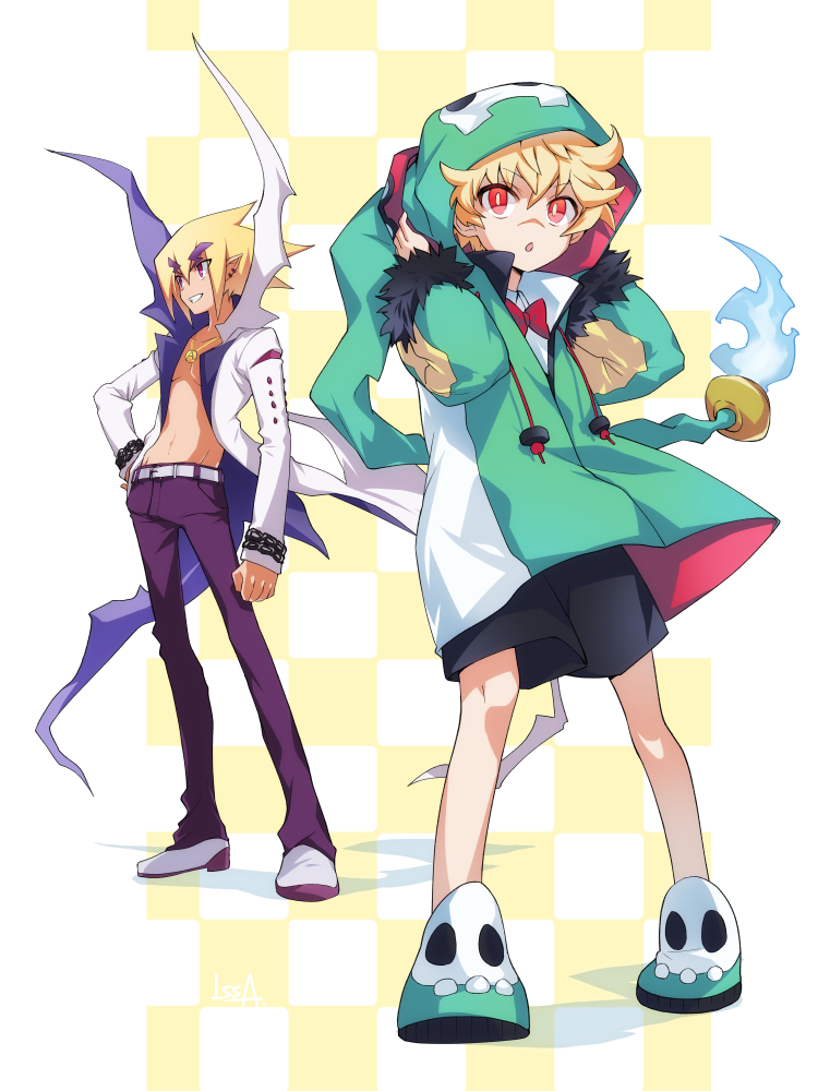 2boys akutare_(disgaea) belt black_shorts blonde_hair blue_fire child demon_boy disgaea emizel_(disgaea) fire full_body hair_between_eyes issa_(sorako45) jewelry legs long_sleeves makai_senki_disgaea_4 male_focus multiple_boys necklace pants pointy_ears red_eyes shoes short_hair shorts smile