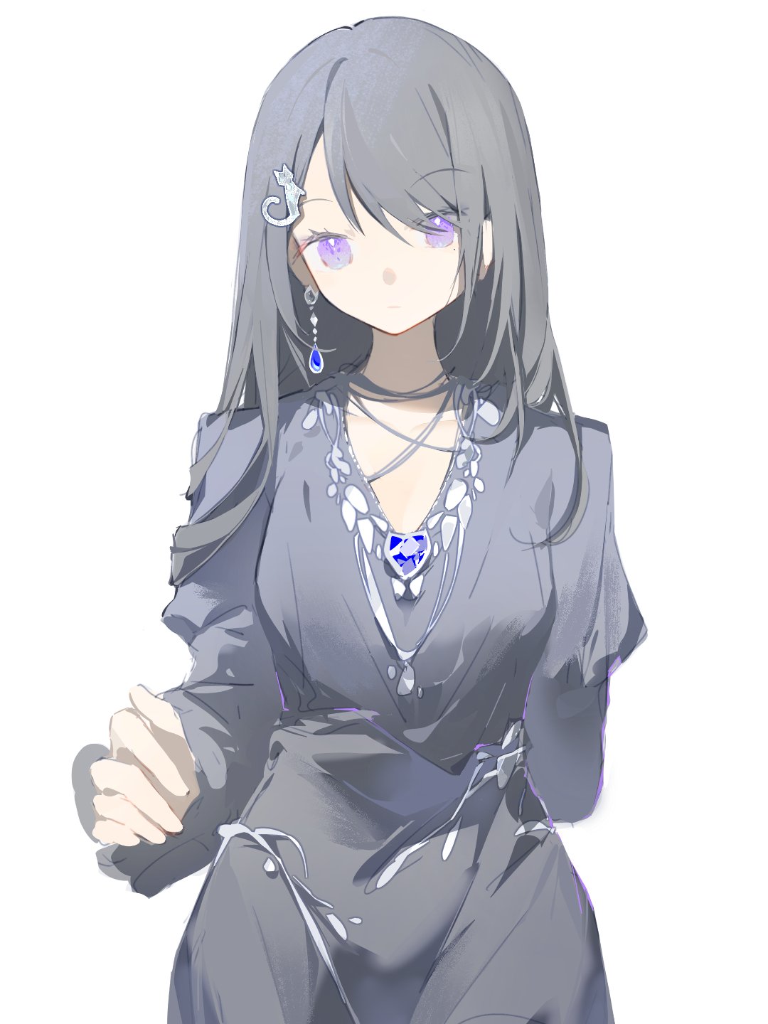 1girl bang_dream! bang_dream!_it's_mygo!!!!! black_dress black_hair blue_brooch cat_hair_ornament chaoyu114514 closed_mouth commentary dress earrings hair_ornament highres jewelry long_hair long_sleeves looking_at_viewer mole mole_under_eye purple_eyes shiina_taki simple_background solo white_background