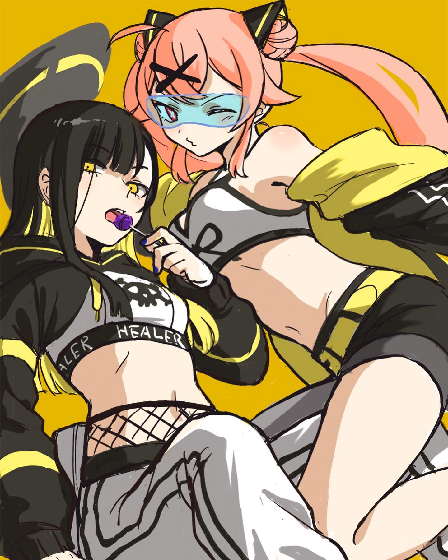 2girls black_hair candy fishnets food highres jacket lollipop long_hair medium_hair midriff monotsuki multicolored_hair multiple_girls nail_polish navel one_eye_closed original pants pink_hair red_eyes streaked_hair sweatpants yellow_eyes