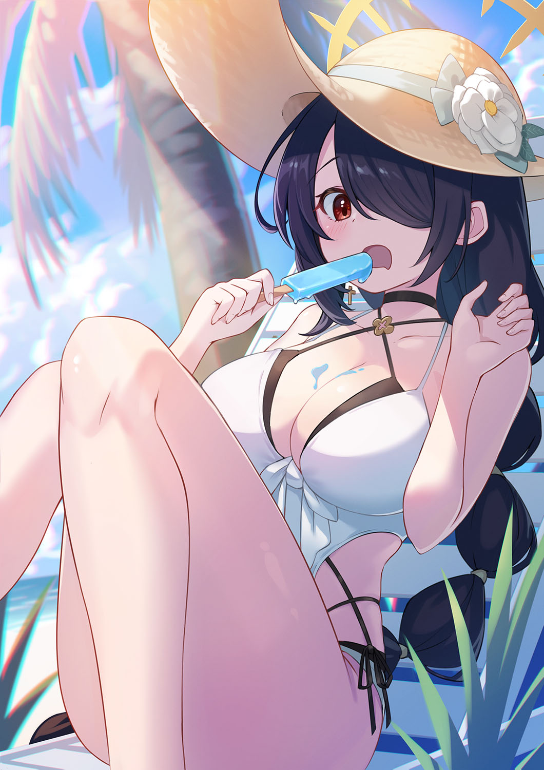 1girl beach bikini black_bikini black_hair blue_archive braid braided_ponytail casual_one-piece_swimsuit clothing_cutout criss-cross_halter double_bikini flower food green_halo hair_over_one_eye halo halterneck hat hat_flower highres hinata_(blue_archive) hinata_(swimsuit)_(blue_archive) holding holding_food holding_popsicle knees_up layered_swimsuit long_hair official_alternate_costume one-piece_swimsuit popsicle shinori_(efvbji6264) side_cutout sitting straw_hat sun_hat swimsuit white_one-piece_swimsuit yellow_halo yellow_hat