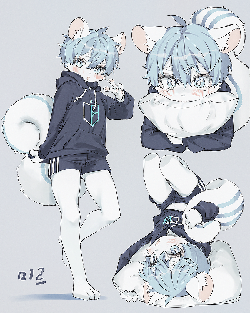 1boy ahoge animal_ear_fluff animal_ears black_hoodie black_shorts blue_background blue_eyes blue_hair blush bright_pupils commission drawstring furry furry_male go_(1o22g) hood hoodie hugging_object looking_at_viewer lying male_focus navel open_mouth original pawpads pillow pillow_hug short_hair short_shorts shorts solo squirrel_boy squirrel_ears squirrel_tail standing standing_on_one_leg tail tears v white_pupils